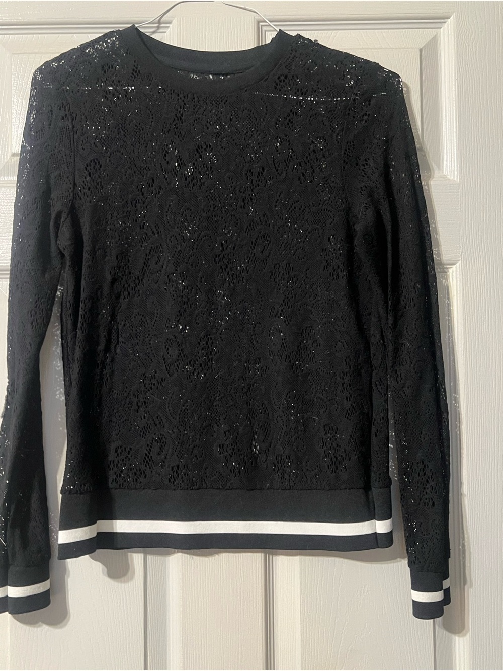 Black Lace Long-Sleeve Pullover with Stripe Trim
